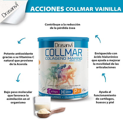 COLLMAR Colágeno Marino Hidrolizado con Ácido Hialurónico, Vitamina C |Sin edulcorantes | Máx. asimilación 9.660 mg/dia | 275g de polvo | Sabor Vainilla