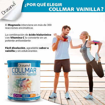 COLLMAR Colágeno Marino Hidrolizado con Ácido Hialurónico, Vitamina C |Sin edulcorantes | Máx. asimilación 9.660 mg/dia | 275g de polvo | Sabor Vainilla