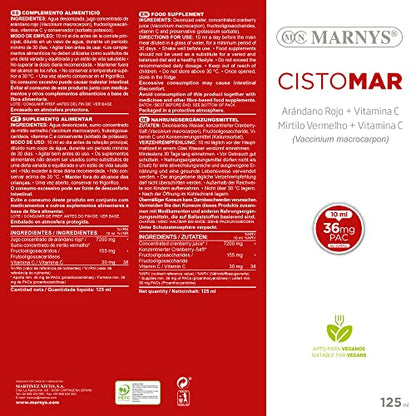 Arándano Rojo Jarabe 125 ML MARNYS - Favorece el Bienestar del tracto Urinario - Con arándano rojo, fructooligosacáridos, Vitamina C. Para un mes