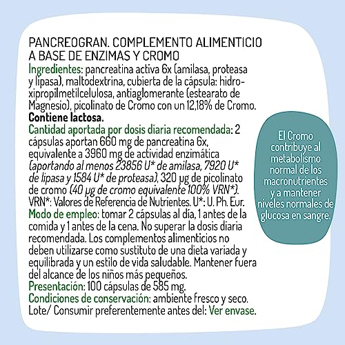 El Granero Integral - Complemento Alimenticio - Pancreogran Complex - 100 Cápsulas - Enzimas Pancreáticas - Contiene Cromo - Ayuda a Mantener los Niveles de Glucosa en Sangre - Digestivo