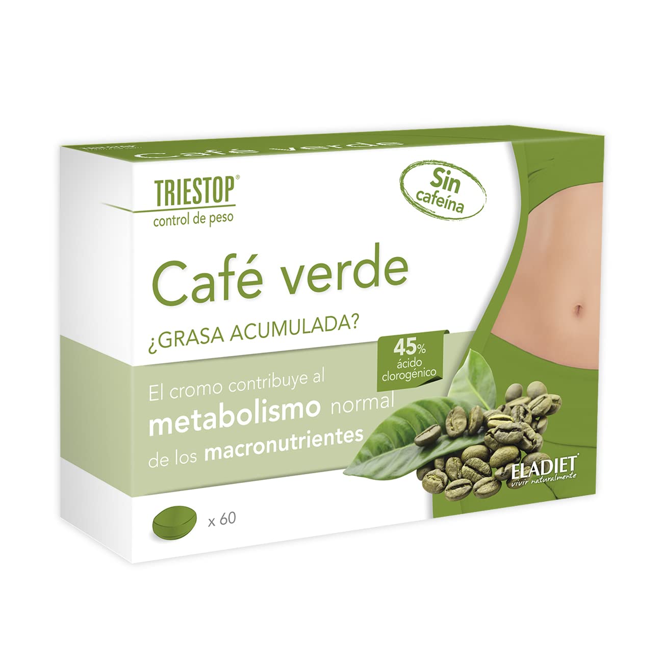 Triestop con Café Verde - Ayuda a Acelerar el Metabolismo - Contribuye a Regular los Niveles Normales de Glucosa en sangre - 60 Comprimidos - Eladiet