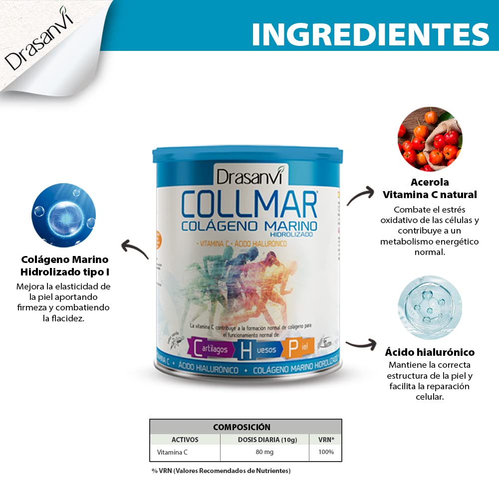 COLLMAR Colágeno Marino Hidrolizado con Ácido Hialurónico, Vitamina C |Sin edulcorantes | Máx. asimilación 9.660 mg/dia | 275g de polvo | Sabor Vainilla