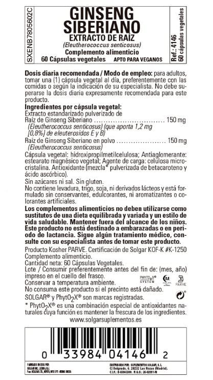 Solgar | Ginseng Siberiano Extracto de Raíz (Eleutherococcus Senticosus)| 60 Cápsulas Vegetales