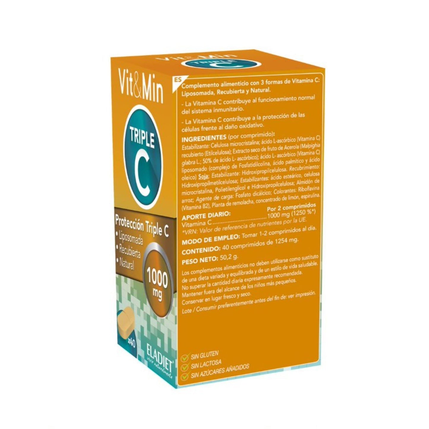 Vitamina C 1000 mg para Reforzar tus Defensas - Vit&Min Triple C - 40 Comprimidos - Ayuda a tu Sistema Inmune - Propiedades Antioxidantes - Favorece la Síntesis del Colágeno - Eladiet