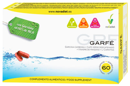 Novadiet - GARFÉ Cápsulas con Garcinia Cambogia, Café Verde Descafeinado, Vinagre de Manzana y L-Carnitina - Ayuda al Sobrepeso y al Tratamiento de Adelgazar- 60 Cápsulas Vegetales