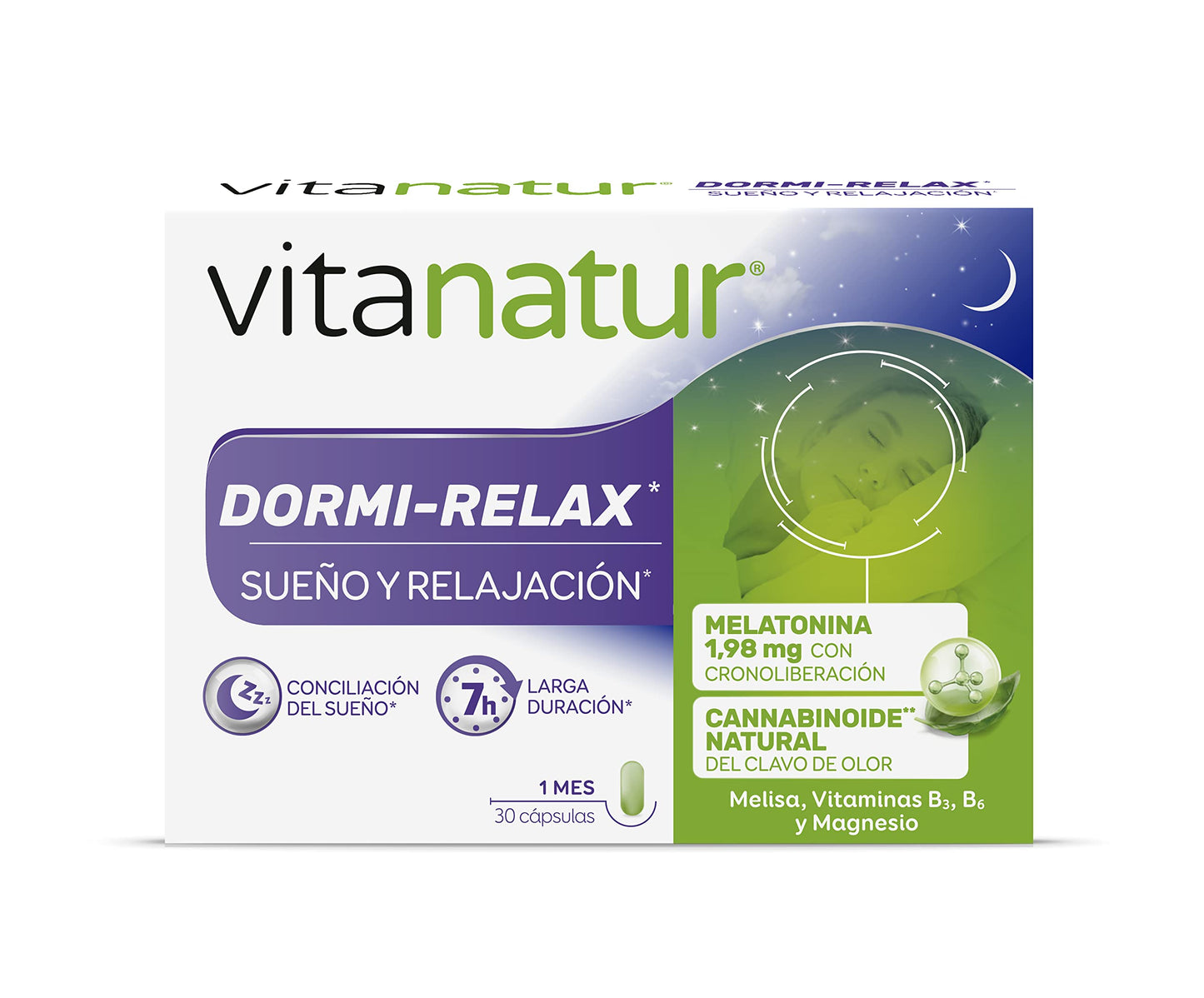 Vitanatur - Dormi-Relax (1), Complemento Alimenticio con Melatonina, Clavo de Olor, Melisa, Vitamina B y Magnesio, Ingredientes que ayudan a Conciliar el Sueño (1) y a la Relajación (1) - 30 Cápsulas