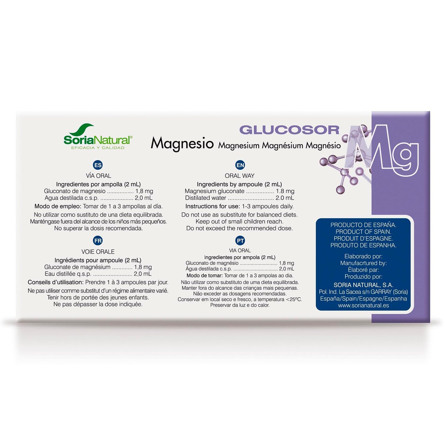 Soria Natural Glucosor Magnesio - Suplemento a Base de Magnesio en Ampollas – Favorece al Sistema Nervioso – Ayuda a la Salud Ósea y Muscular – Salud Cardiovascular -Caja con 28 Ampollas de 2 ml