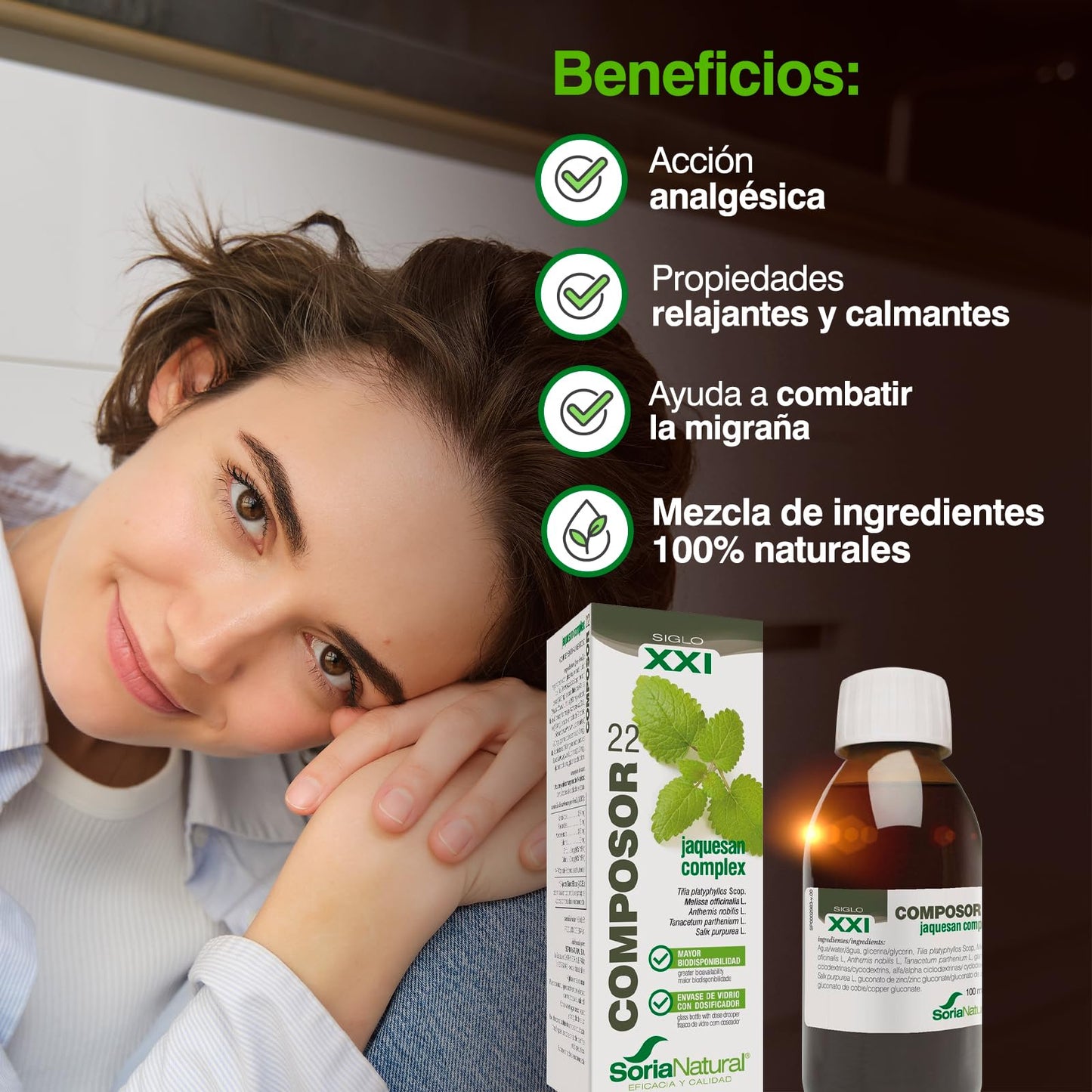 Soria Natural Composor 22 Jaquesan Complex – Con Extractos de Tila, Melisa, Manzanilla Amarga, Tanaceto, Sauce y Zinc y Cobre – Ayuda a Aliviar Dolores de Cabeza - Acción Analgésica - 100ml