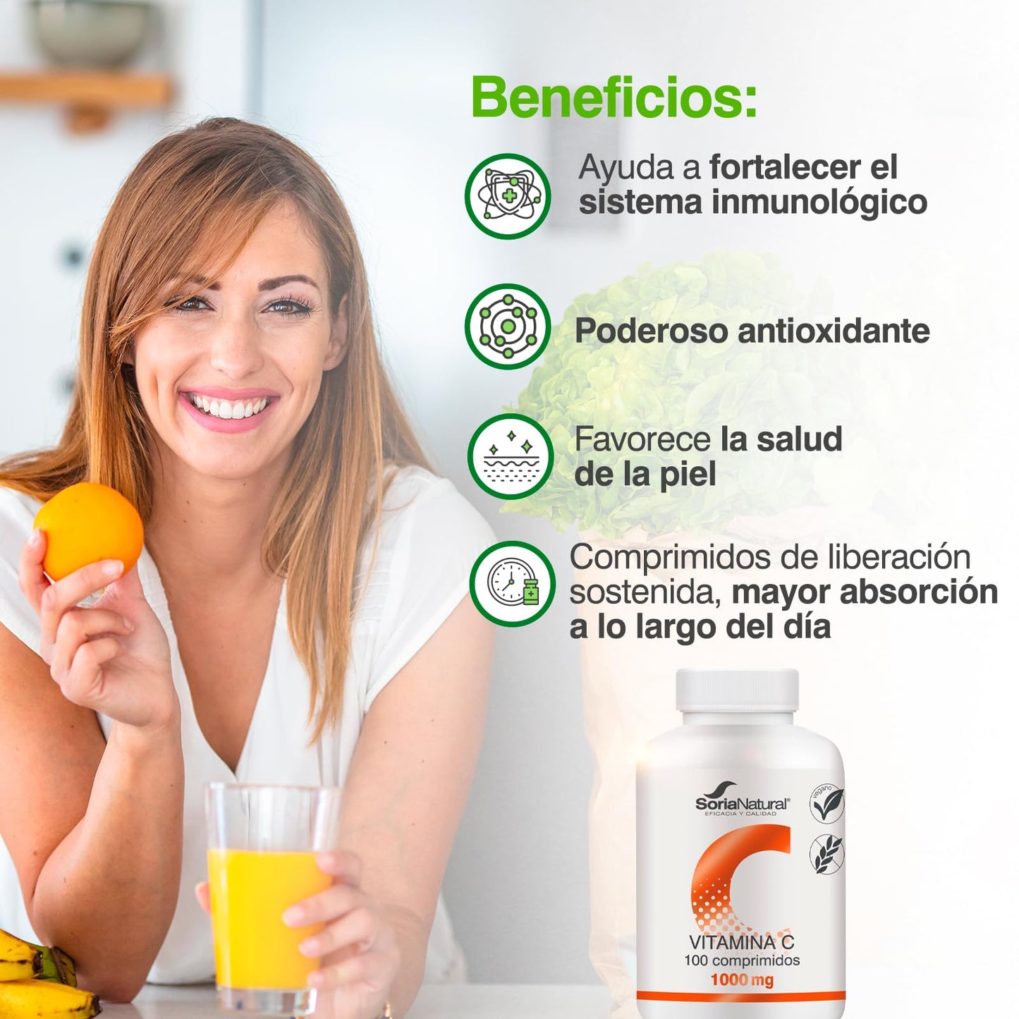 Soria Natural Vitamina C - MÁXIMA ABSORCIÓN - Antioxidante natural, Ayuda al Sistema Inmunitario y a la Salud de la Piel - Liberación Sostenida para mejor asimilación - 100 comprimidos