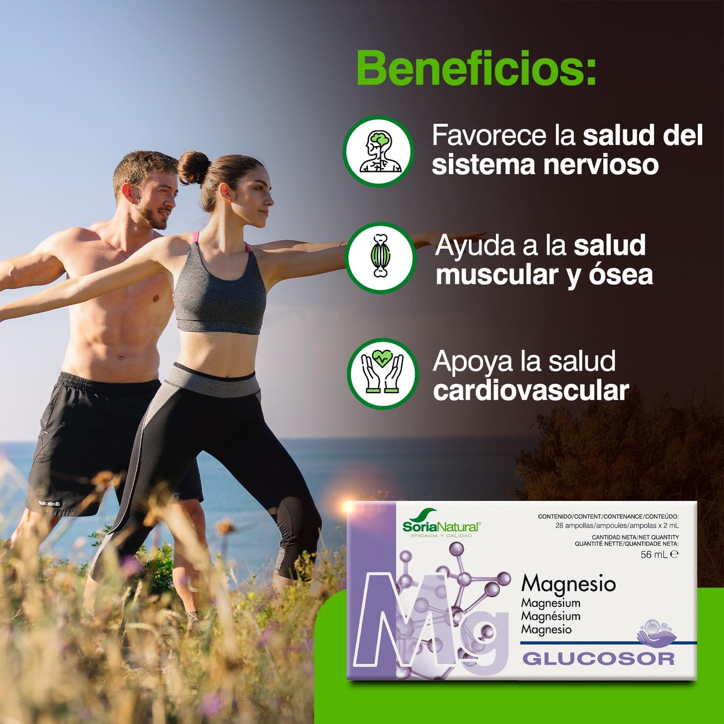 Soria Natural Glucosor Magnesio - Suplemento a Base de Magnesio en Ampollas – Favorece al Sistema Nervioso – Ayuda a la Salud Ósea y Muscular – Salud Cardiovascular -Caja con 28 Ampollas de 2 ml