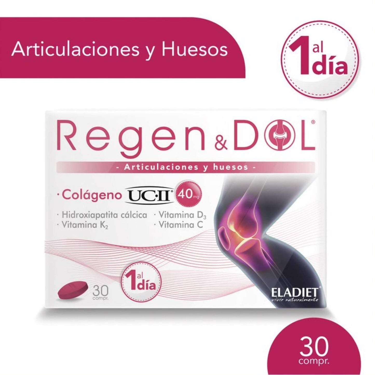 Complemento Alimenticio Regendol UC-II - 30 Comprimidos - Contribuye al Mantenimiento de Huesos y Articulaciones - Favorece la Formación del Colágeno - Rico en Vitaminas C, D y K2 - Eladiet