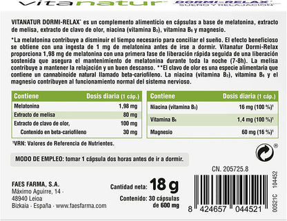 Vitanatur - Dormi-Relax (1), Complemento Alimenticio con Melatonina, Clavo de Olor, Melisa, Vitamina B y Magnesio, Ingredientes que ayudan a Conciliar el Sueño (1) y a la Relajación (1) - 30 Cápsulas