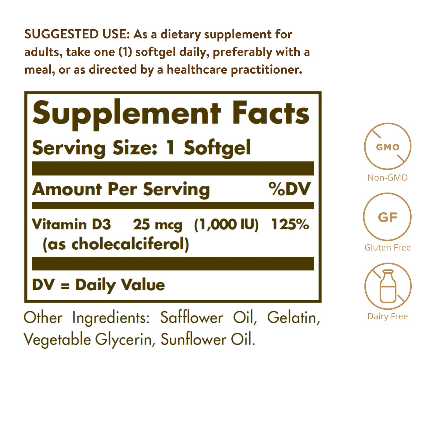 Solgar Vitamina D3 1000 IU (25 μg), Aceite de Hígado de Pescado y Colecalciferol, 100 cápsulas blandas