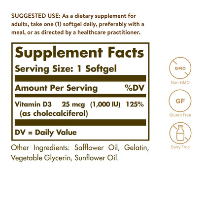 Solgar Vitamina D3 1000 IU (25 μg), Aceite de Hígado de Pescado y Colecalciferol, 100 cápsulas blandas