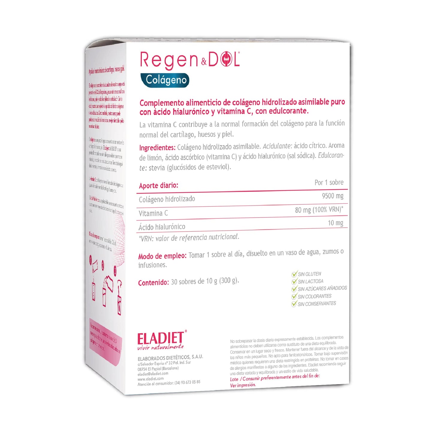 Complemento Alimenticio Colágeno - 30 Sobres - Con Colágeno, Ácido Hialurónico y Vitamina C - Contribuye al Buen Estado de Piel, Huesos y Articulaciones - Efecto Antioxidante - Eladiet