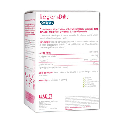 Complemento Alimenticio Colágeno - 30 Sobres - Con Colágeno, Ácido Hialurónico y Vitamina C - Contribuye al Buen Estado de Piel, Huesos y Articulaciones - Efecto Antioxidante - Eladiet