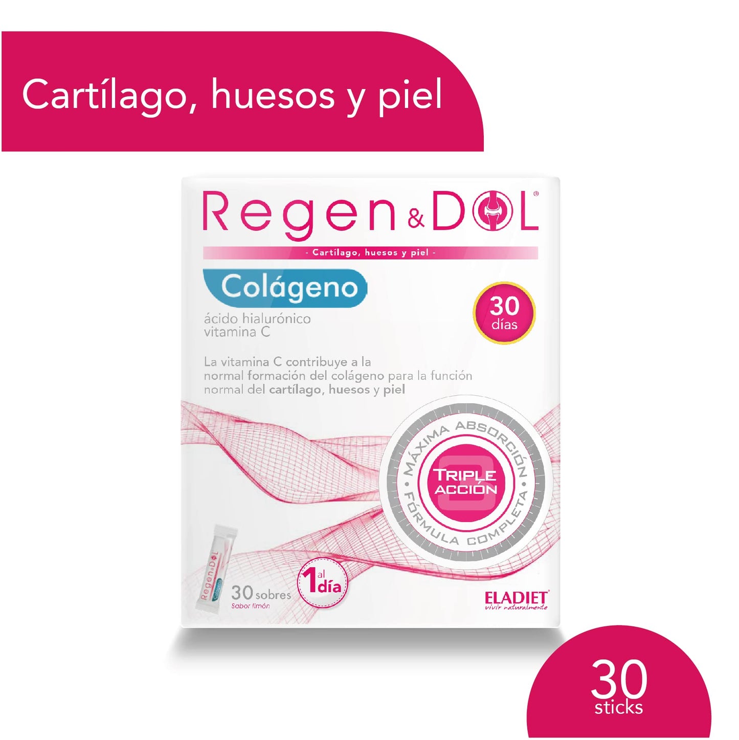 Complemento Alimenticio Colágeno - 30 Sobres - Con Colágeno, Ácido Hialurónico y Vitamina C - Contribuye al Buen Estado de Piel, Huesos y Articulaciones - Efecto Antioxidante - Eladiet