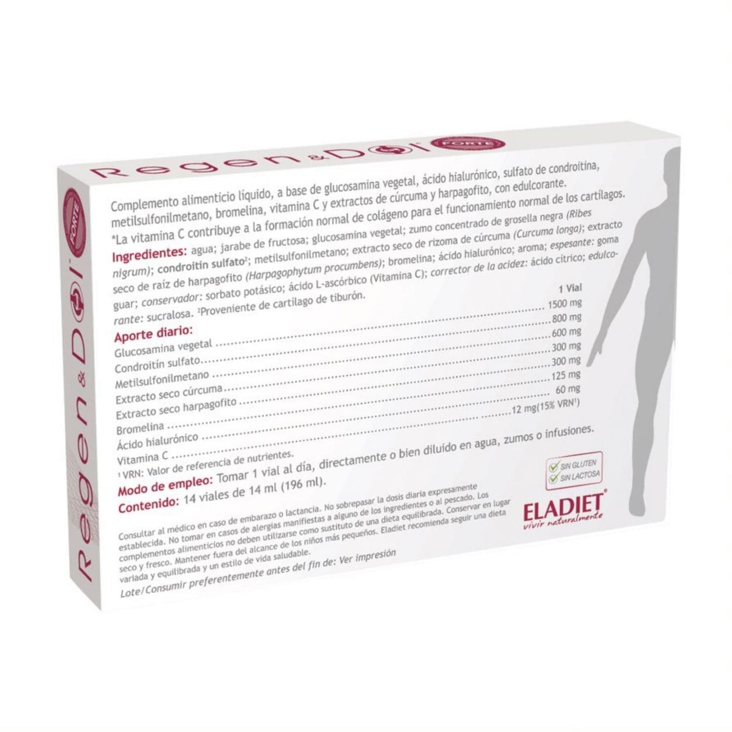 Complemento Alimenticio Regendol Forte - 14 Viales de 14 ml - Contribuye a Mejorar la Movilidad Articular - Favorece la Formación del Colágeno - Con Ácido Hialurónico y Vitamina C - Eladiet