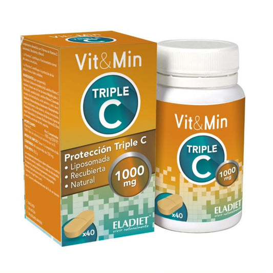 Vitamina C 1000 mg para Reforzar tus Defensas - Vit&Min Triple C - 40 Comprimidos - Ayuda a tu Sistema Inmune - Propiedades Antioxidantes - Favorece la Síntesis del Colágeno - Eladiet