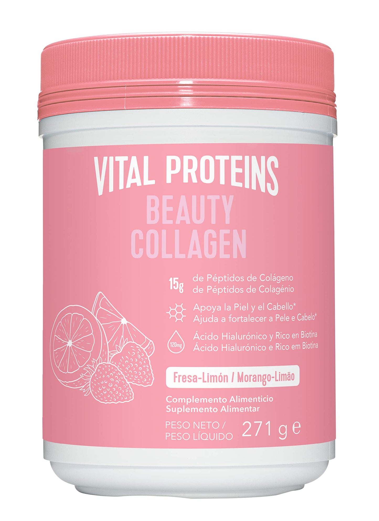 Vital Proteins Colágeno en Polvo Beauty Collagen - Con Ácido Hialurónico y Rico en Biotina - Bote de 271g - Sabor Fresa Limón