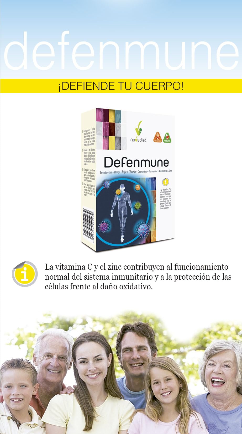 Novadiet - DEFENMUNE Cápsulas con Lactoferrina, Hongo Chaga, Té Verde, Quercetina, Fermentos, Vitaminas y Zinc - Refuerzo Inmunológico - Protección Celular y Organismo - 30 Cápsulas Vegetales