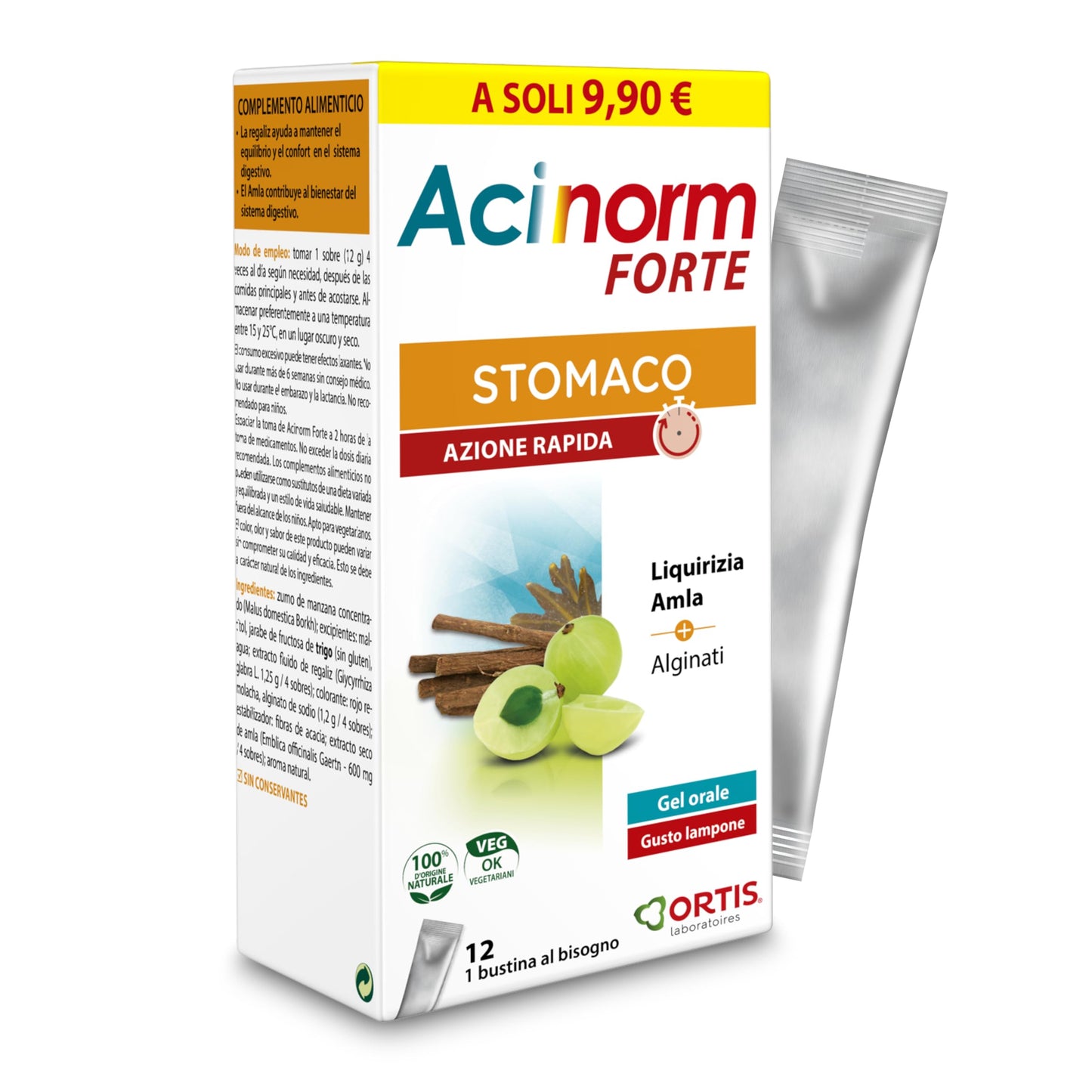 Ortis - Acinorm Forte Gel 12 Sobres - Complemento Alimenticio que Ayuda en Caso de Digestión Difícil y Reflujo Ácido - Acción Rápida - 100% Natural a base de Regaliz y Amla