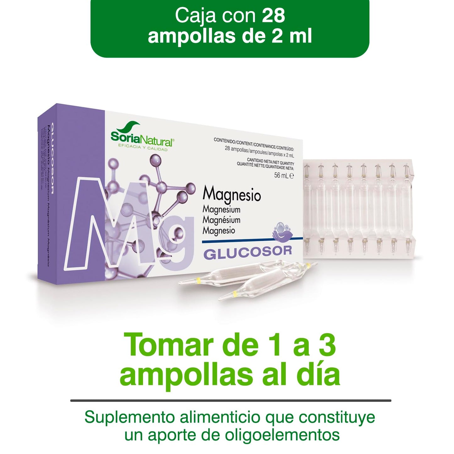 Soria Natural Glucosor Magnesio - Suplemento a Base de Magnesio en Ampollas – Favorece al Sistema Nervioso – Ayuda a la Salud Ósea y Muscular – Salud Cardiovascular -Caja con 28 Ampollas de 2 ml