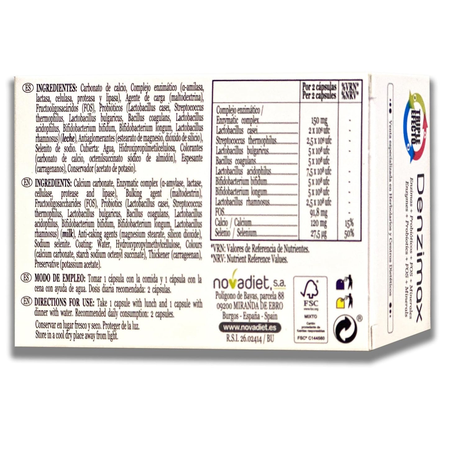 Novadiet - DENZIMAX Cápsulas con Enzimas, Calcio, Selenio, Fermentos, FOS y Minerales, Favorece y Ayuda las Digestiones Lentas y Pesadas y al Bienestar Digestivo - 30 Cápsulas