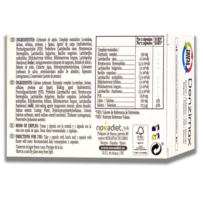 Novadiet - DENZIMAX Cápsulas con Enzimas, Calcio, Selenio, Fermentos, FOS y Minerales, Favorece y Ayuda las Digestiones Lentas y Pesadas y al Bienestar Digestivo - 30 Cápsulas