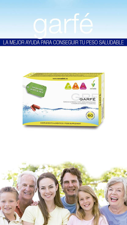 Novadiet - GARFÉ Cápsulas con Garcinia Cambogia, Café Verde Descafeinado, Vinagre de Manzana y L-Carnitina - Ayuda al Sobrepeso y al Tratamiento de Adelgazar- 60 Cápsulas Vegetales