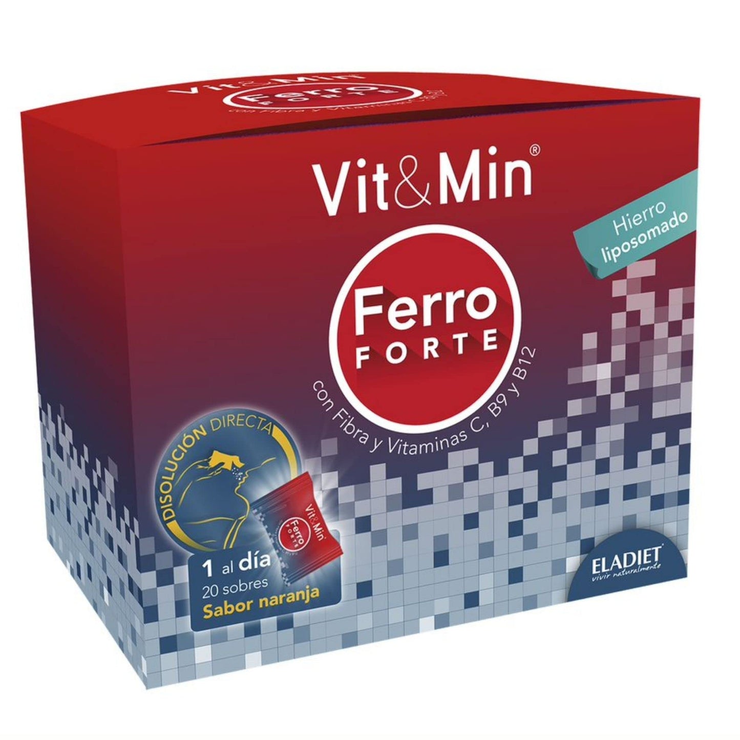Complemento Alimenticio con Hierro, Vitaminas y Fructooligosacáridos - Vit&Min Ferro Forte - 20 Sobres - Sabor Naranja - Ayuda a Disminuir el Cansancio y la Formación de Glóbulos Rojos - Eladiet