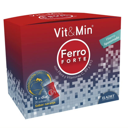 Complemento Alimenticio con Hierro, Vitaminas y Fructooligosacáridos - Vit&Min Ferro Forte - 20 Sobres - Sabor Naranja - Ayuda a Disminuir el Cansancio y la Formación de Glóbulos Rojos - Eladiet