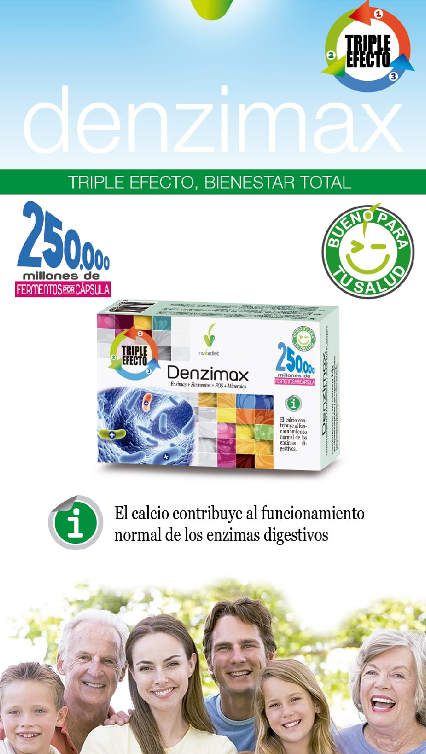 Novadiet - DENZIMAX Cápsulas con Enzimas, Calcio, Selenio, Fermentos, FOS y Minerales, Favorece y Ayuda las Digestiones Lentas y Pesadas y al Bienestar Digestivo - 30 Cápsulas