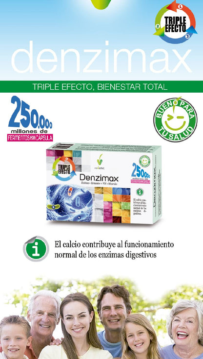 Novadiet - DENZIMAX Cápsulas con Enzimas, Calcio, Selenio, Fermentos, FOS y Minerales, Favorece y Ayuda las Digestiones Lentas y Pesadas y al Bienestar Digestivo - 30 Cápsulas