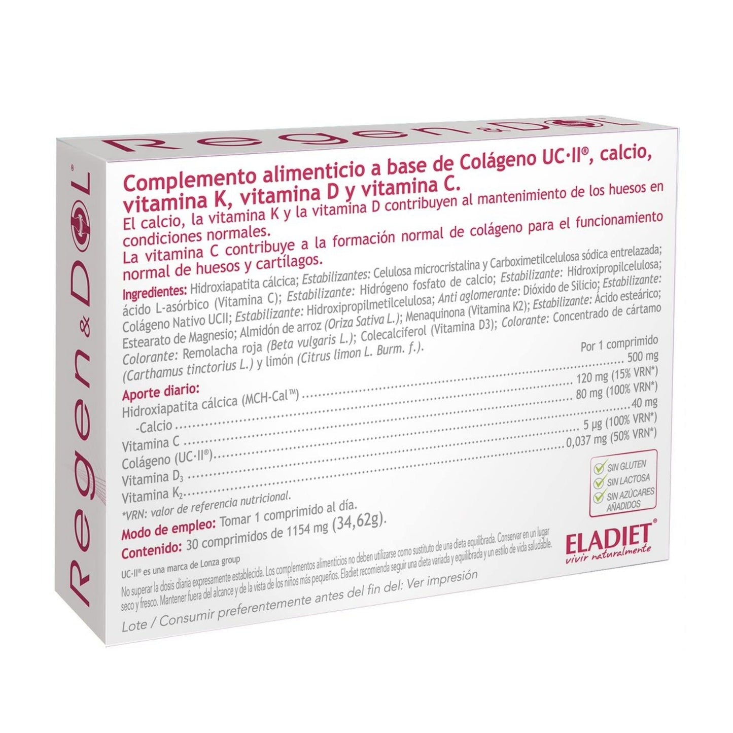 Complemento Alimenticio Regendol UC-II - 30 Comprimidos - Contribuye al Mantenimiento de Huesos y Articulaciones - Favorece la Formación del Colágeno - Rico en Vitaminas C, D y K2 - Eladiet