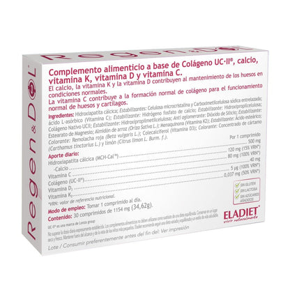 Complemento Alimenticio Regendol UC-II - 30 Comprimidos - Contribuye al Mantenimiento de Huesos y Articulaciones - Favorece la Formación del Colágeno - Rico en Vitaminas C, D y K2 - Eladiet