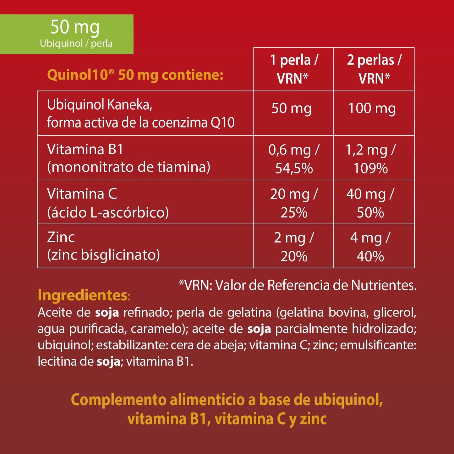 100% natural Quinol10 Vitamina B1 - 60 Cápsulas