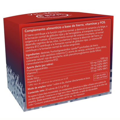 Complemento Alimenticio con Hierro, Vitaminas y Fructooligosacáridos - Vit&Min Ferro Forte - 20 Sobres - Sabor Naranja - Ayuda a Disminuir el Cansancio y la Formación de Glóbulos Rojos - Eladiet