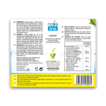 Novadiet - GARFÉ Cápsulas con Garcinia Cambogia, Café Verde Descafeinado, Vinagre de Manzana y L-Carnitina - Ayuda al Sobrepeso y al Tratamiento de Adelgazar- 60 Cápsulas Vegetales