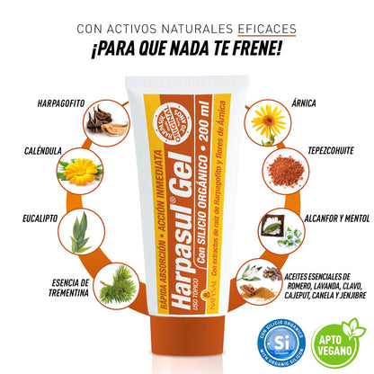 HARPASUL® GEL 200 ml | Gel Activo con Efecto Frío - Calor | Masaje Corporal | Cuello, Hombros, Espalda, Piernas | Con extractos de Harpagofito y Árnica | Gel Defatigante | Natysal