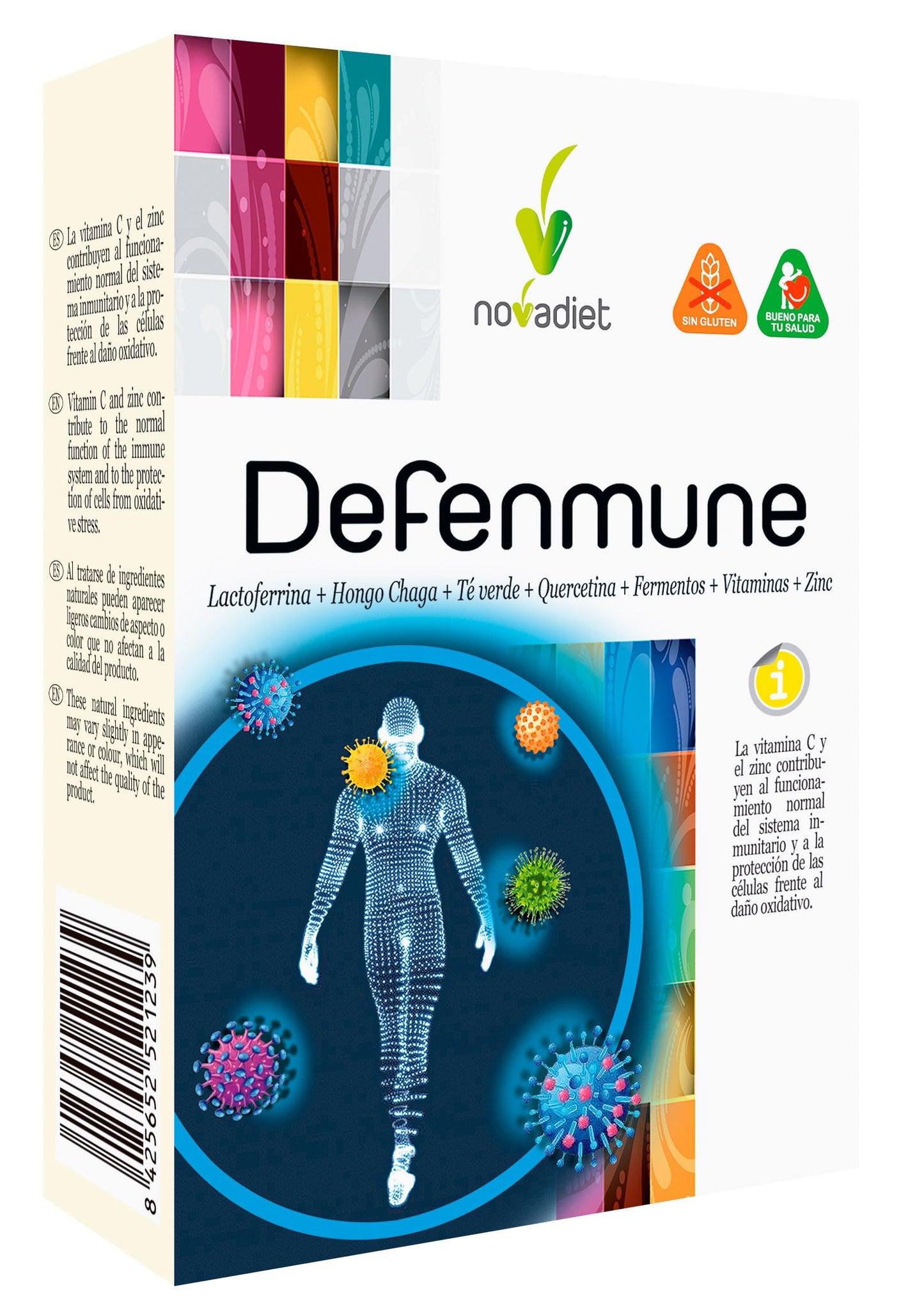 Novadiet - DEFENMUNE Cápsulas con Lactoferrina, Hongo Chaga, Té Verde, Quercetina, Fermentos, Vitaminas y Zinc - Refuerzo Inmunológico - Protección Celular y Organismo - 30 Cápsulas Vegetales