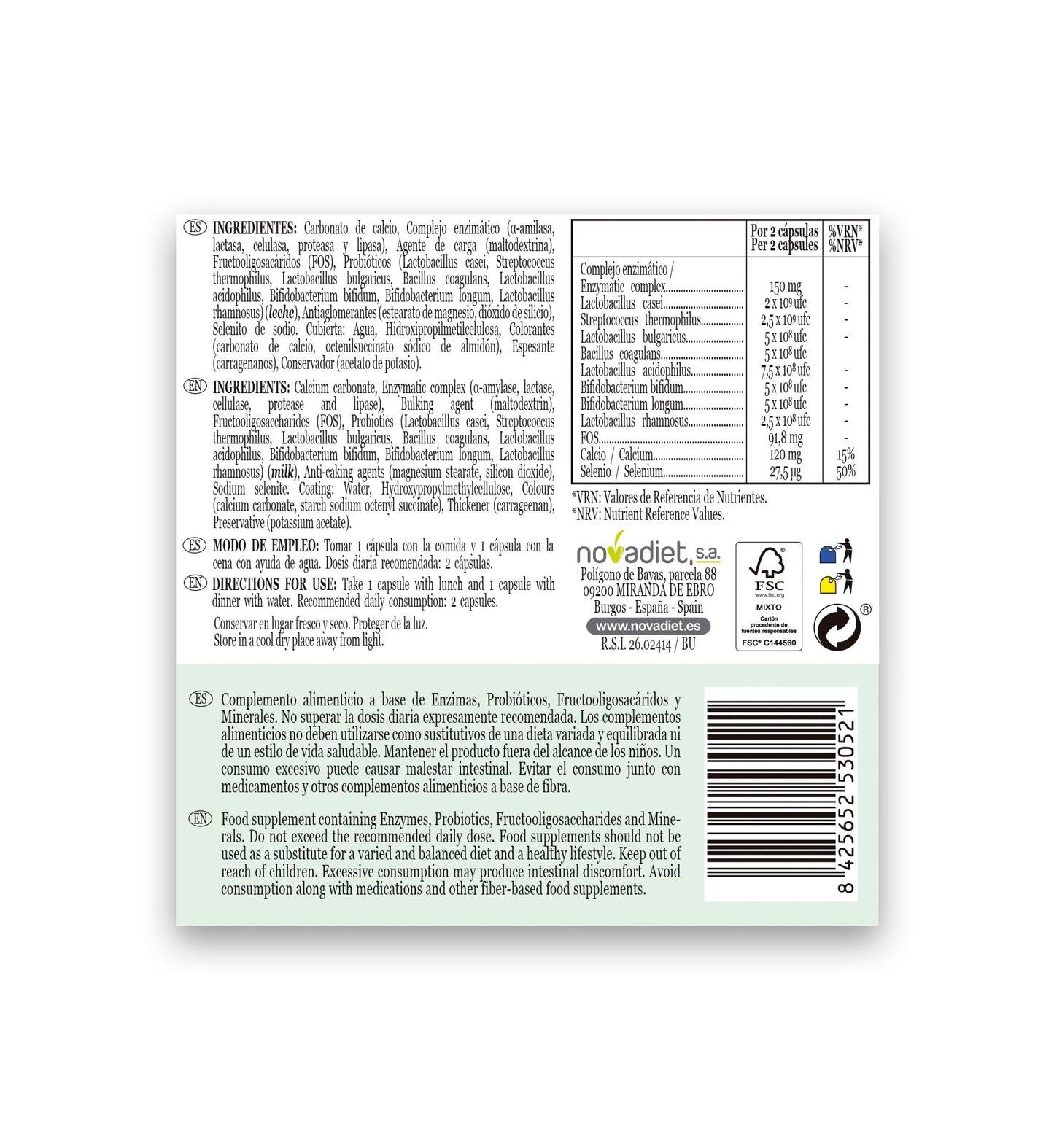 Novadiet - DENZIMAX Cápsulas con Enzimas, Calcio, Selenio, Fermentos, FOS y Minerales, Favorece y Ayuda las Digestiones Lentas y Pesadas y al Bienestar Digestivo - 30 Cápsulas