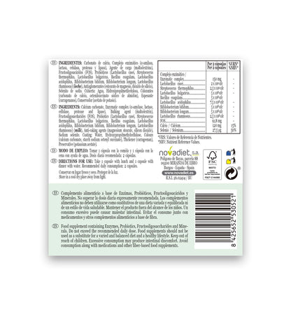 Novadiet - DENZIMAX Cápsulas con Enzimas, Calcio, Selenio, Fermentos, FOS y Minerales, Favorece y Ayuda las Digestiones Lentas y Pesadas y al Bienestar Digestivo - 30 Cápsulas