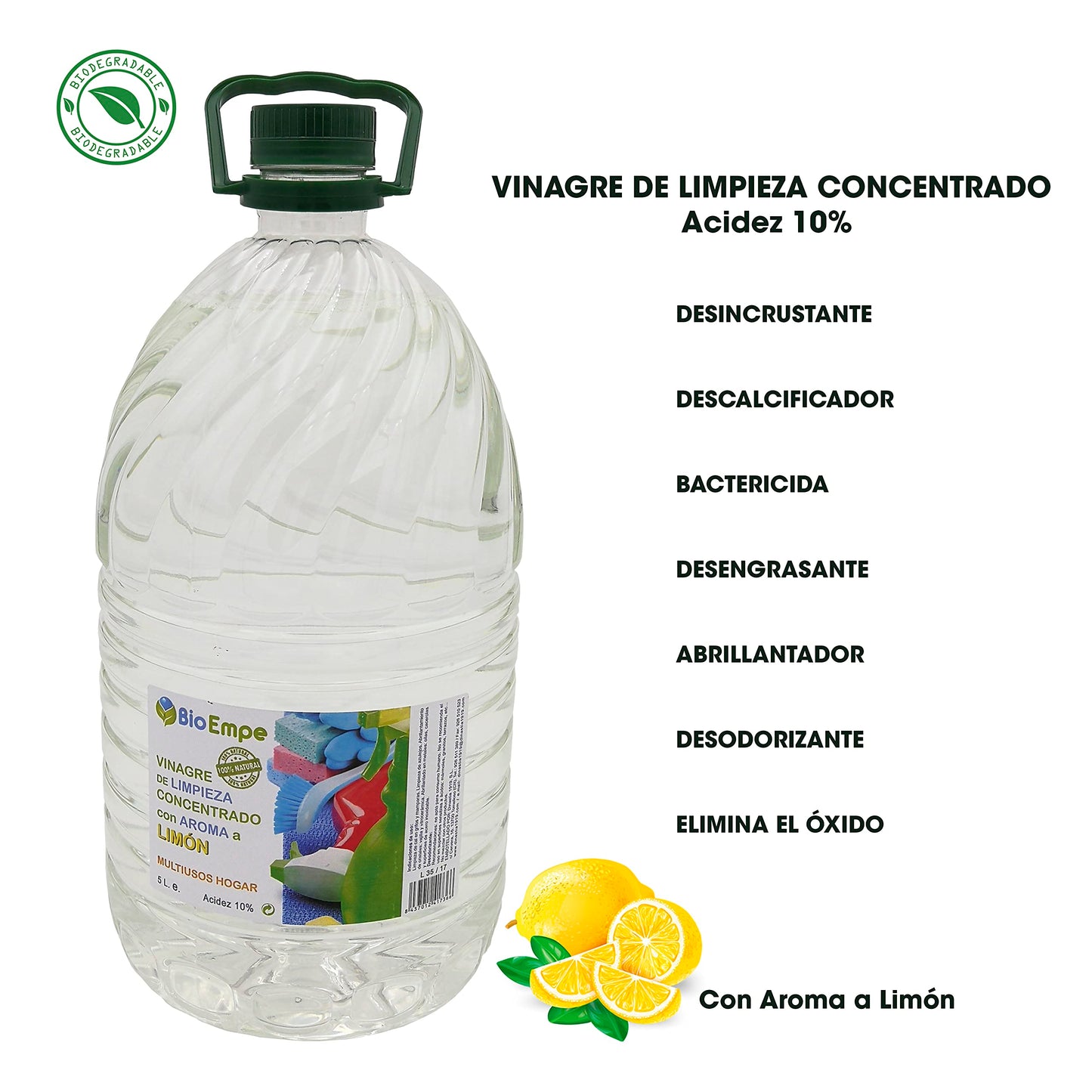 Bioempe Vinagre de limpieza concentrado profesional al 10%, con aroma a limón, Pack de 3 garrafas de 5 litros