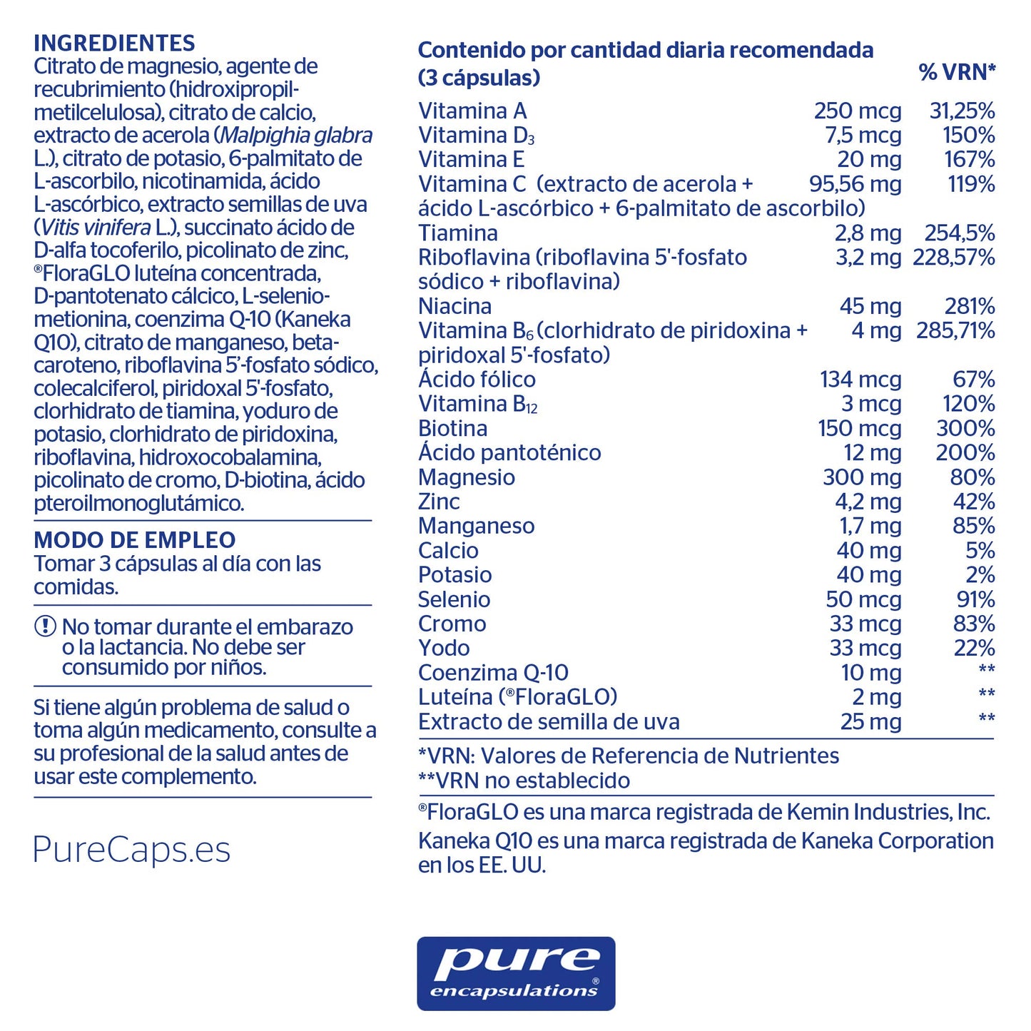 PURE ENCAPSULATIONS | All in one | Multivitamínico con Minerales, Plantas, Coenzima Q-10 y Luteína | Aporta Vitalidad y Bienestar | Protege Frente al Daño Oxidativo | 60 Cápsulas Vegetales