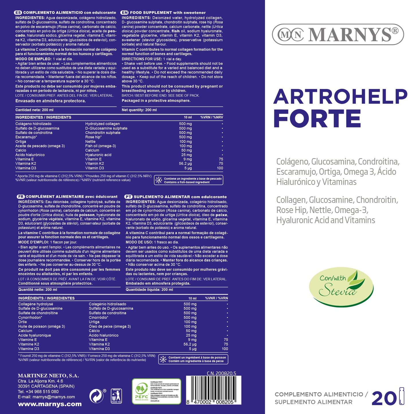 Artrohelp Forte - colágeno, glucosamina, condroitina, ácido hialurónico y vitaminas - Flexibilidad de Huesos y Articulaciones - 20 viales bebibles