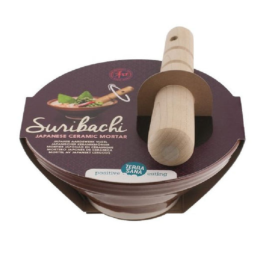 Suribachi & Surikogi (18 Cm) Mortero Japonés de Cerámica con Mano de Madera