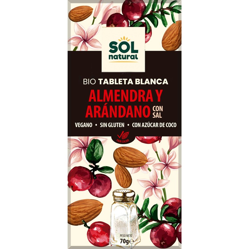 Tableta chocolate blanco almendra salada y arandano bio 70g Sol Natural