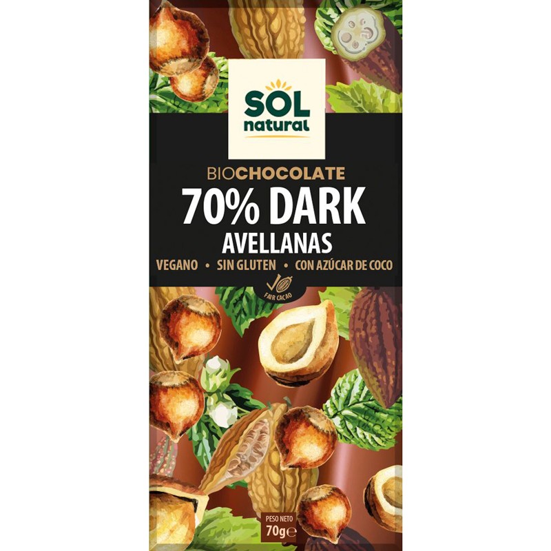 Tableta chocolate dark 70% y avellanas Bio 70g Sol Natural